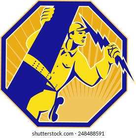 vector illustration of a telephone lineman electrician repairman climbing electric post holding lightning bolt set inside octagon done in retro style