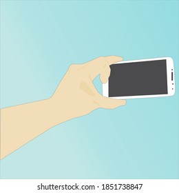 vector illustration of telephone in man's hand. isolated on light blue white background. seen again in the photo