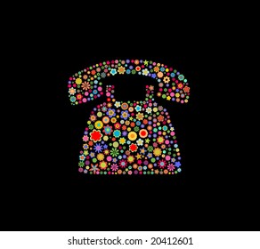 Vector illustration of telephone shape made up a lot of  multicolored small flowers on the black background