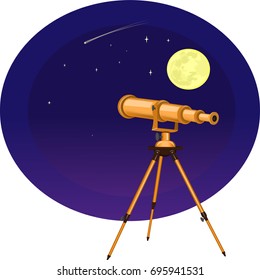 Vector illustration of a telescope on the background of the moon and stars