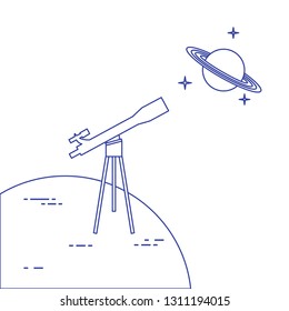 Vector illustration with telescope, planet Saturn with ring system. Astronomy. Design for banner, poster, textile, print.