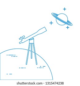 Vector illustration with telescope, planet Saturn with ring system. Astronomy. Design for banner, poster, textile, print.
