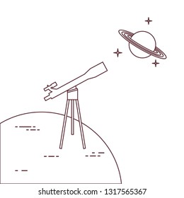 Vector illustration with telescope, planet Saturn with ring system. Astronomy. Design for banner, poster, textile, print.