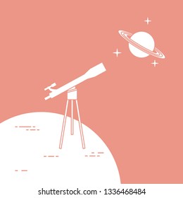 Vector illustration with telescope, planet Saturn with ring system. Astronomy. Design for banner, poster, textile, print.