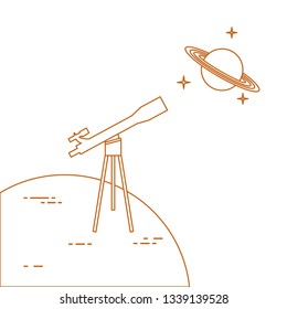 Vector illustration with telescope, planet Saturn with ring system. Astronomy. Design for banner, poster, textile, print.