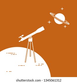 Vector illustration with telescope, planet Saturn with ring system. Astronomy. Design for banner, poster, textile, print.