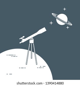 Vector illustration with telescope, planet Saturn with ring system. Astronomy. Design for banner, poster, textile, print.
