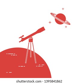 Vector illustration with telescope, planet Saturn with ring system. Astronomy. Design for banner, poster, textile, print.