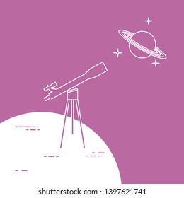 Vector illustration with telescope, planet Saturn with ring system. Astronomy. Design for banner, poster, textile, print.