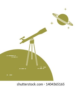 Vector illustration with telescope, planet Saturn with ring system. Astronomy. Design for banner, poster, textile, print.