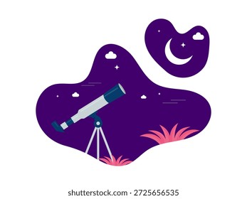 Ilustración vectorial de un telescopio bajo un hermoso cielo nocturno con luna creciente, estrellas y nubes. Perfecto para la astronomía, la educación, la ciencia o los temas pacíficos al aire libre.