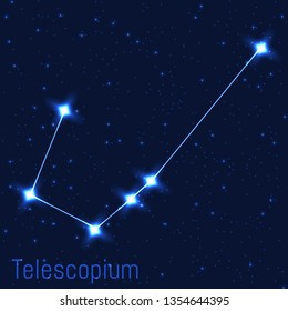 Vector illustration of Telescopium constellation. Astronomical Telescope. Cluster of realistic stars in the dark blue starry sky.