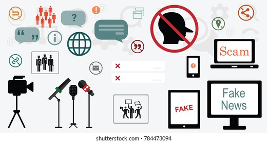 vector illustration of television and internet media screens with fake news and scam writings and symbols