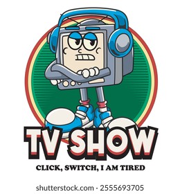Vector Illustration of Television Mascot with Retro Mascot Illustration Available for Logo Badge
