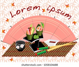 Vector illustration with Temaki sushi on a stand, a cup of sake and chopsticks on a bamboo mat. Background with floral ornament with butterflies and pink fan