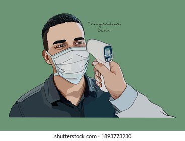 Vector Illustration of Temperature Scan, People wearing Surgical Mask, Face Mask, Medical Mask