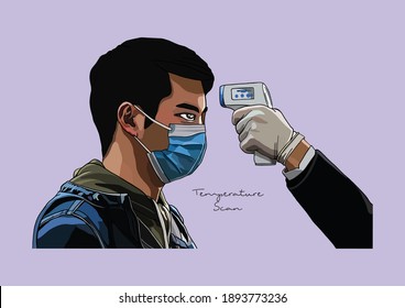 Vector Illustration of Temperature Scan, People wearing Surgical Mask, Face Mask, Medical Mask