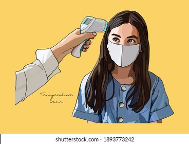 Vector Illustration of Temperature Scan, People wearing Surgical Mask, Face Mask, Medical Mask