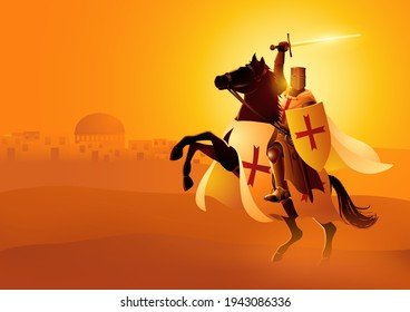 Vector illustration of Templar Knight holding a sword and shield on a horse