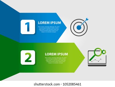 Vector illustration. Template with 2 colored arrows for infographics, business, presentation, web design, startup concept with two options, steps. Text and icons.