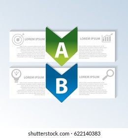 Vector illustration. Template with 2 colored geometric shapes rectangles with arrows for infographics, business, presentation, web design, startup concept with 2 options, steps. Text and icons.