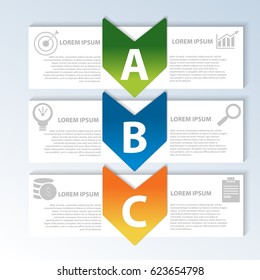 Vector illustration. Template with 2 colored geometric shapes rectangles with arrows for infographics, business, presentation, web design, startup concept with 2 options, steps. Text and icons
