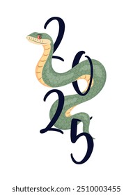 Vector illustration template for 2025 Year of Snake isolated on white background. Composition with symbol of the Chinese new year serpent and numbers. Typography for print, banner, flyer, card