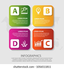 Vector illustration. Template with 4 color rectangles for infographics, business, presentation, web design, startup concept with 3 options, steps. Text and icons.