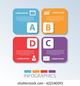 Vector illustration. Template with 4 color rectangles for infographics, business, presentation, web design, startup concept with 3 options, steps. Text and icons.