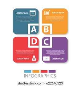 Vector illustration. Template with 4 color rectangles for infographics, business, presentation, web design, startup concept with 3 options, steps. Text and icons.