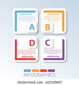 Vector illustration. Template with 4 color rectangles for infographics, business, presentation, web design, startup concept with 3 options, steps. Text and icons.