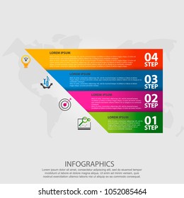 Vector illustration. Template with 4 colored rectangles in the form of a pimaramide for infographics, business, presentation, web design, startup concept with four options, steps. Text and icons.