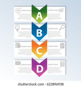Vector illustration. Template with 4 colored geometric shapes rectangles with arrows for infographics, business, presentation, web design, startup concept with 4 options, steps. Text and icons.