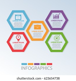 Vector illustration. Template with 5 colored geometric shapes hexagons for infographics, business, presentation, web design, startup concept with 5 options, steps. Text and icons.