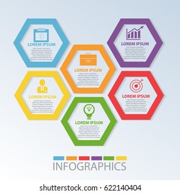 Vector illustration. Template with 6 color geometric figures hexagons for infographics, business, presentation, web design, startup concept with 6 options, steps. Text and icons.