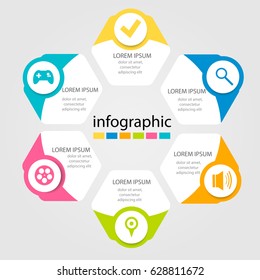 Vector illustration. Template with 6 color geometric figures hexagons for infographics, business, presentation, web design, startup concept with 6 options, steps. Text and icons.