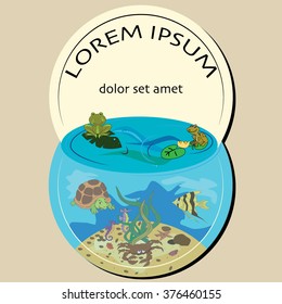 Vector illustration of template for advertising brochure with cartoon underwater world