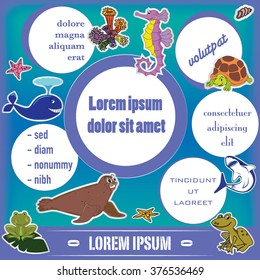 Vector illustration of template for advertising brochure with stickers of cartoon sea animals