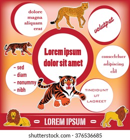 Vector illustration of template for advertising brochure with stickers of cartoon predators