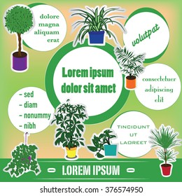 Vector illustration of template for advertising brochure with stickers of cartoon home plants