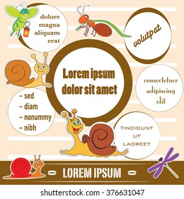 Vector illustration of template for advertising brochure with stickers of insects