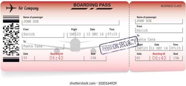 Vector illustration of template of airline boarding pass ticket with airplane and QR code. Isolated over white background.