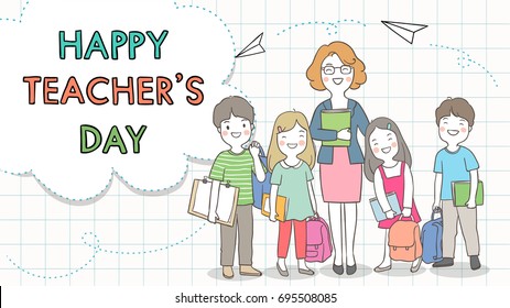 Vector illustration template background banner cute student and teacher for education in teacher day.Doodle cartoon style.