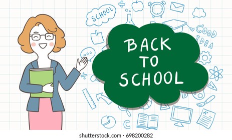 Vector illustration template background banner for education and cute teacher.Doodle cartoon style.
