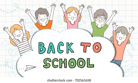 Vector illustration template background banner for education back to school with happy kids.Draw doodle style.