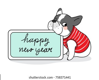 Vector illustration template background design of happy dog sitting and board write happy new year.Doodle cartoon style.