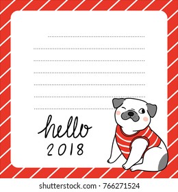 Vector illustration template background design of happy pug dog in paper for note greeting card.Doodle cartoon style.