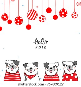 Vector illustration template background design cute pug dog for Christmas day and New year.Draw doodle style.