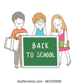 Vector illustration template banner for education a girl and boy stand back of blackboard.Doodle style.