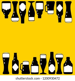 Vector illustration template with beer bottles and glasses. Black silhouette on a bright yellow background
